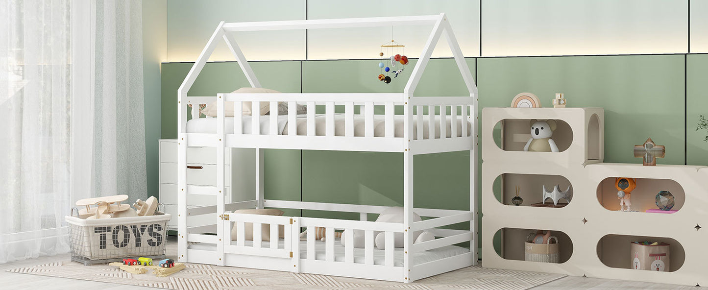 Enchanted White Twin over Twin House Bunk Bed with Playful Fence and Entryway