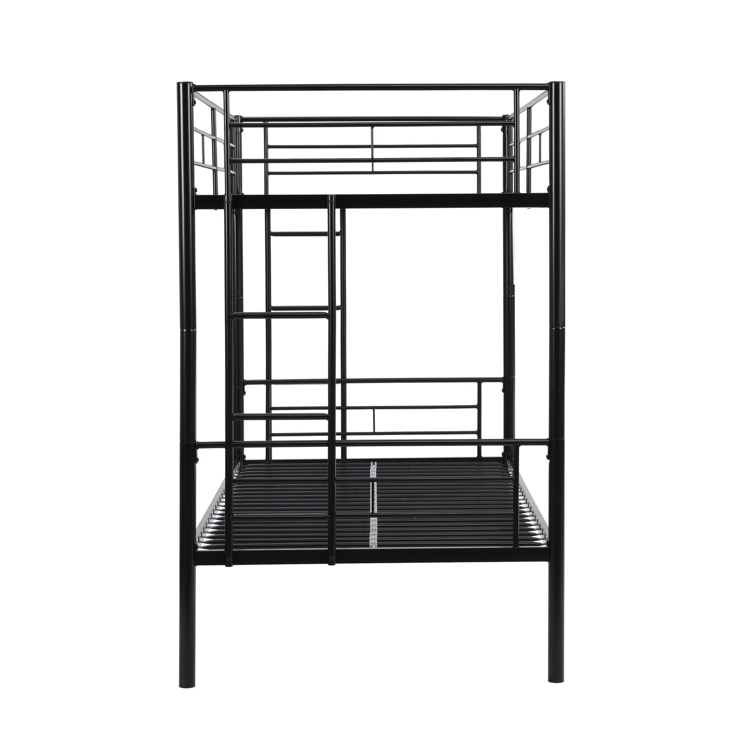 Convertible Twin Over Twin Metal Bunk Bed with 2 Ladders, Guardrail, and Storage Space in Black