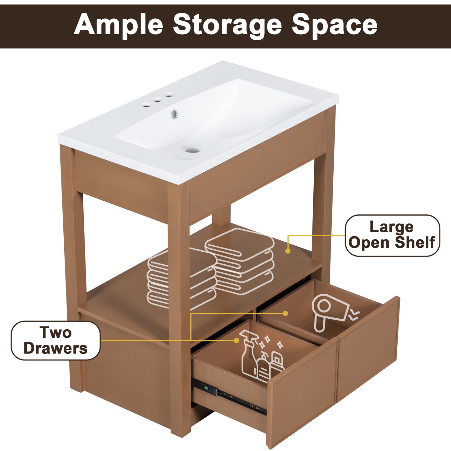 30" Bathroom Vanity with Sink Top, Bathroom Cabinet with Open Storage Shelf and Two Drawers, Brown