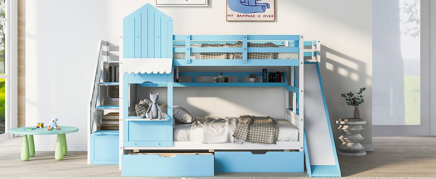 Blue Castle-Themed Full Bunk Bed with Slide, Storage, and Whimsical Charm