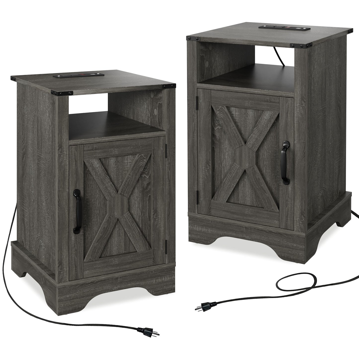 Farmhouse Nightstand Side Table, Wooden Rustic End Table, Tall Bedside Table with Electrical Outlets Charging Station  (2 Sets) - Dark Gray