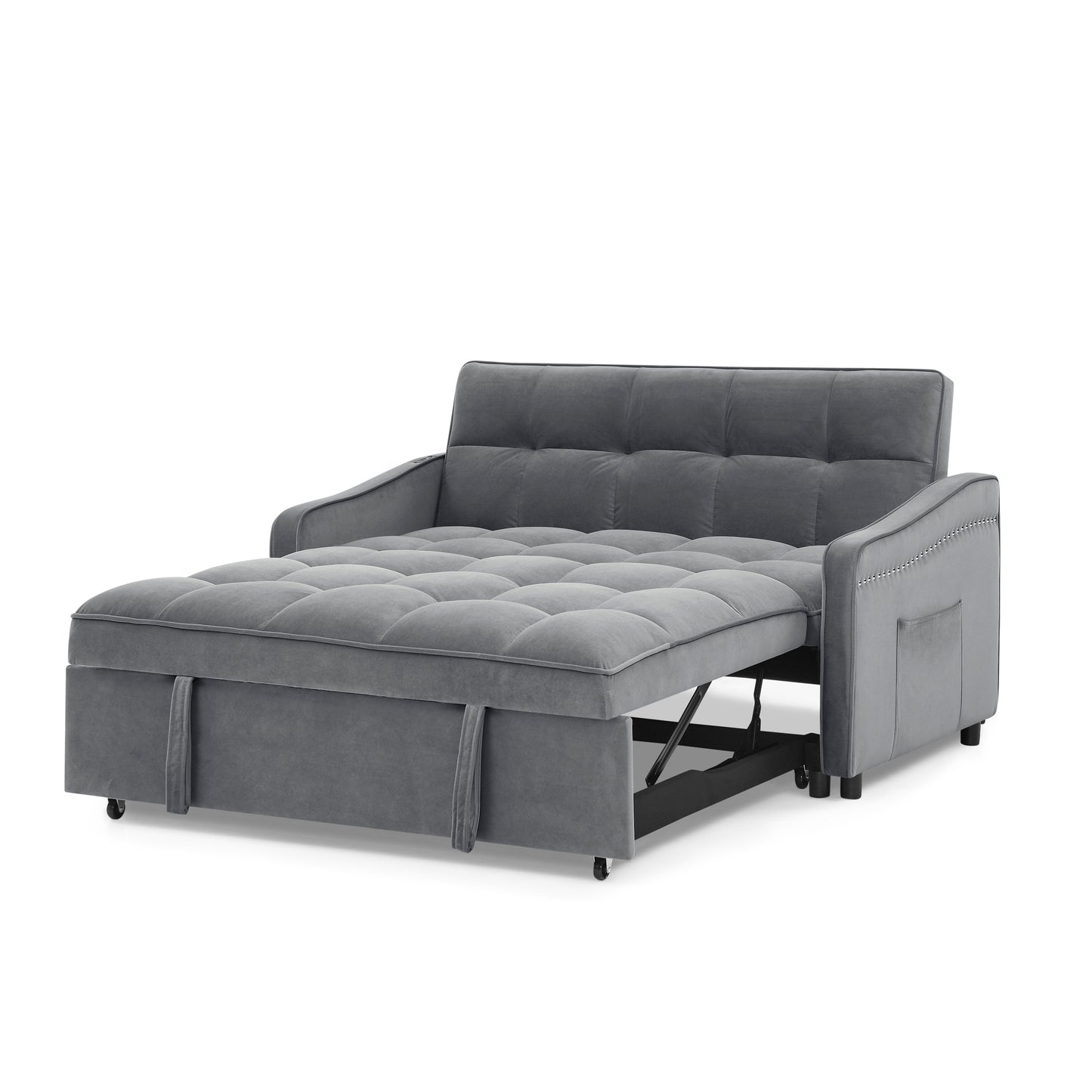 Loveseats Sofa Bed with Pull-out Bed,Adjsutable Back and Two Arm Pocket,TypeC and USB Charging with Copper nail,Grey (47"x53"x31")