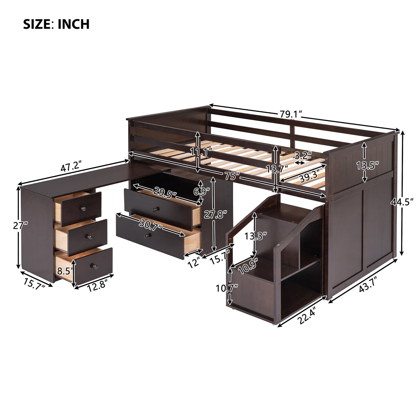 Loft Bed Low Study Twin Size Loft Bed With Storage Steps and Portable,Desk,Espresso(: LT000101AAP)