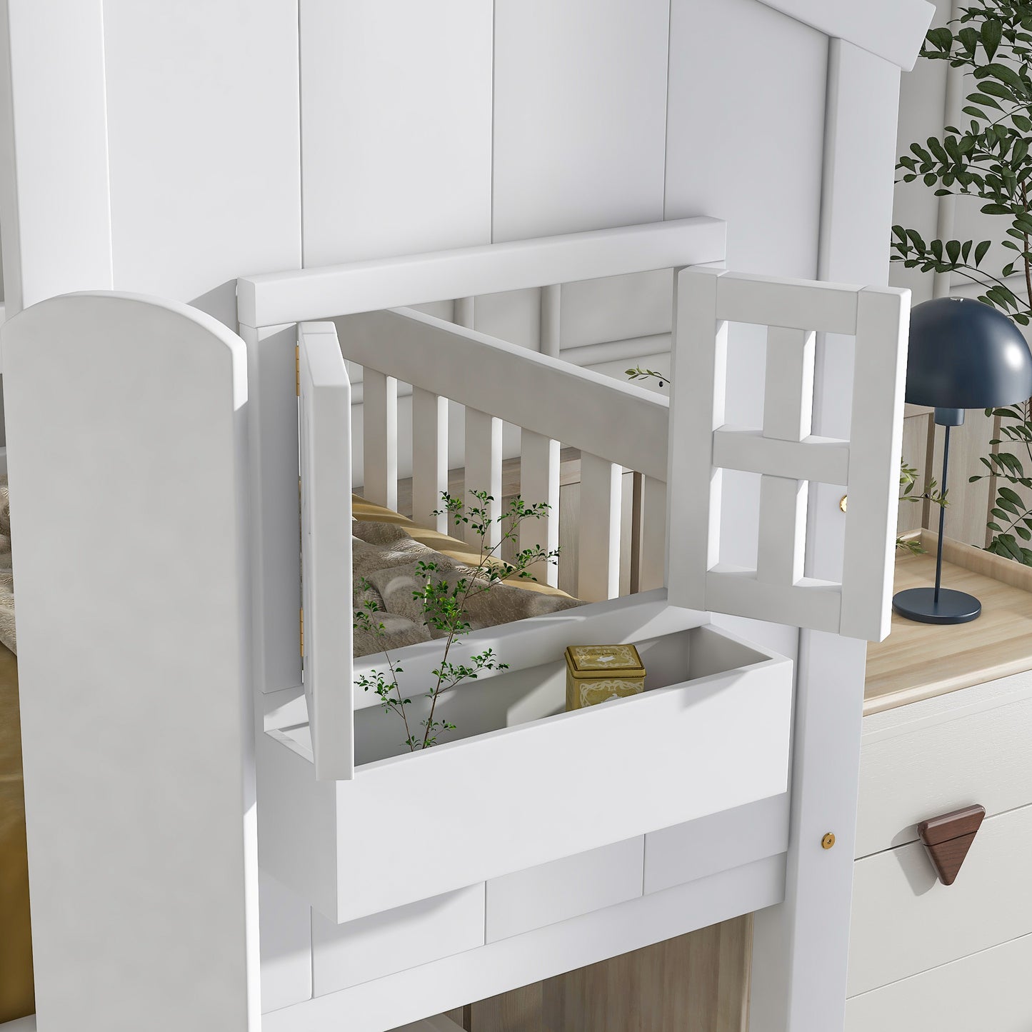 Cabin Inspired Kids' White Bunk Bed with Roof, Window, and Door