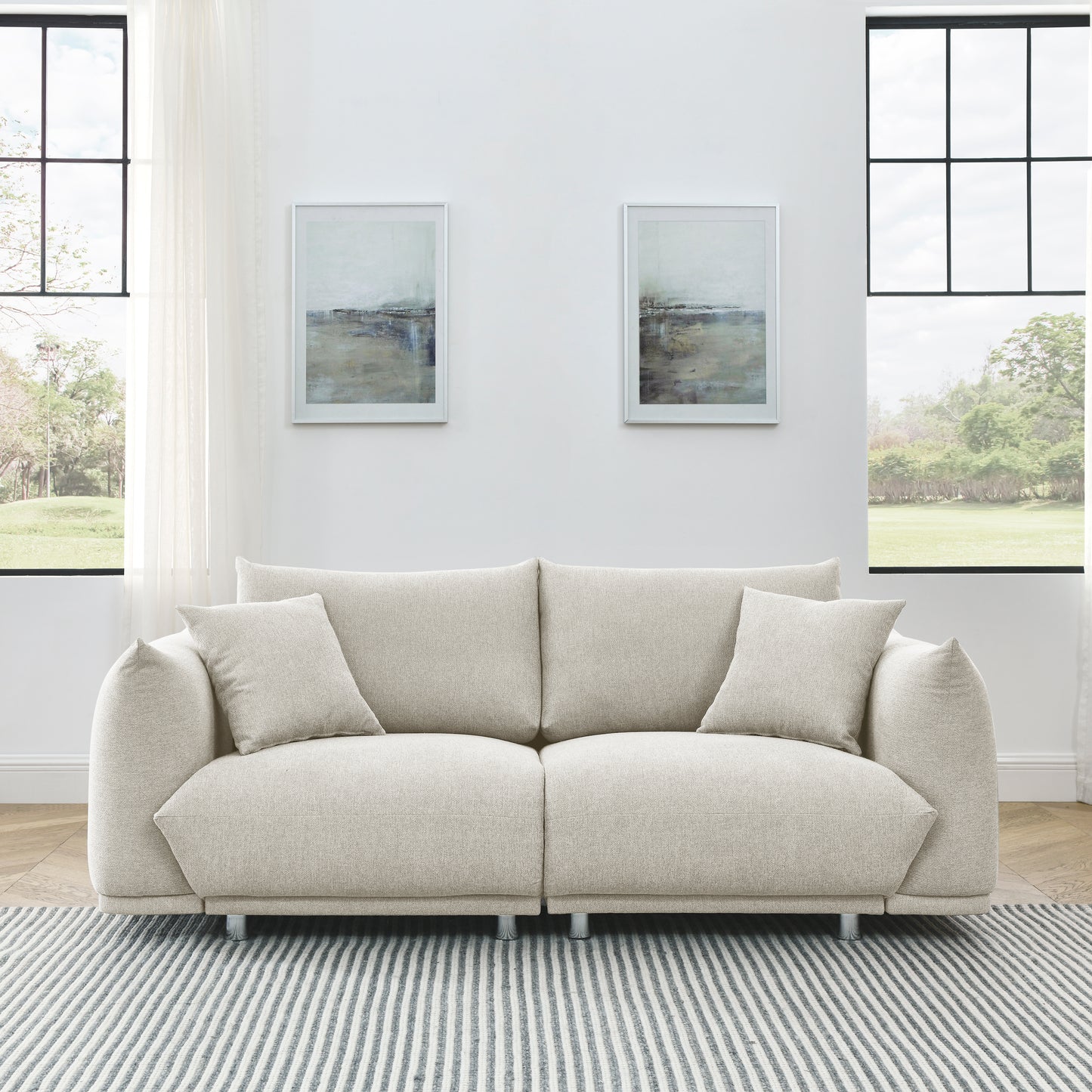 Modern Beige 2-Seat Sofa with Pillows and Solid Wood Frame