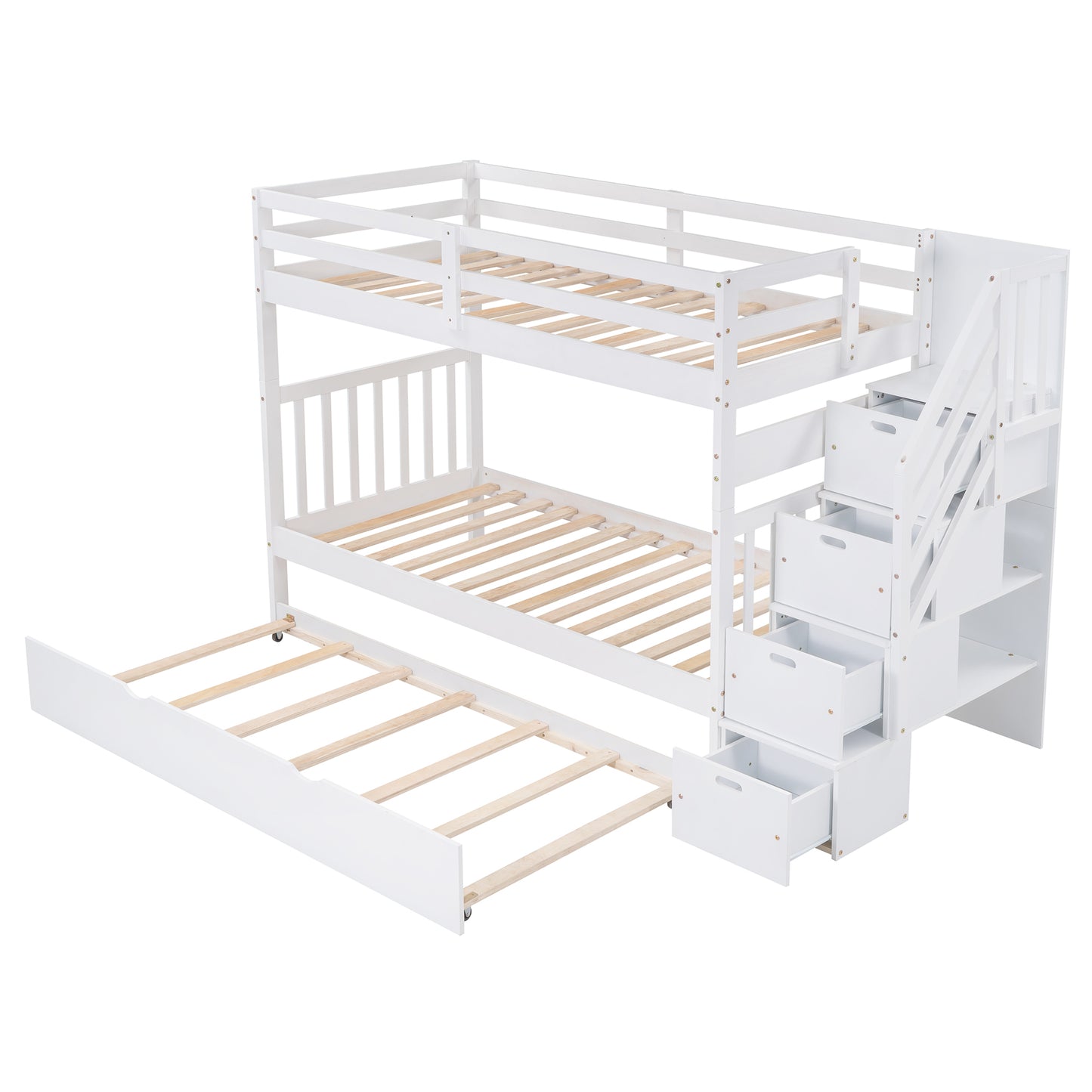 Stairway Bunk Bed with Trundle and Storage Drawers in White