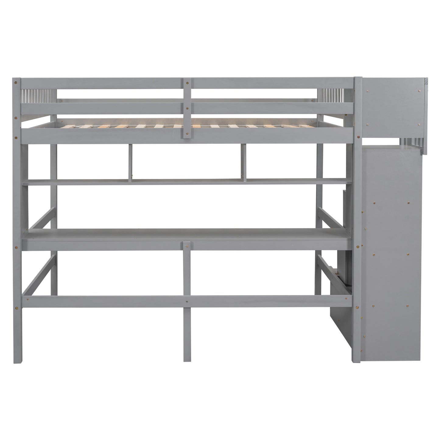 Full Size Loft Bed with Desk, Storage shelves and Staircase,Grey