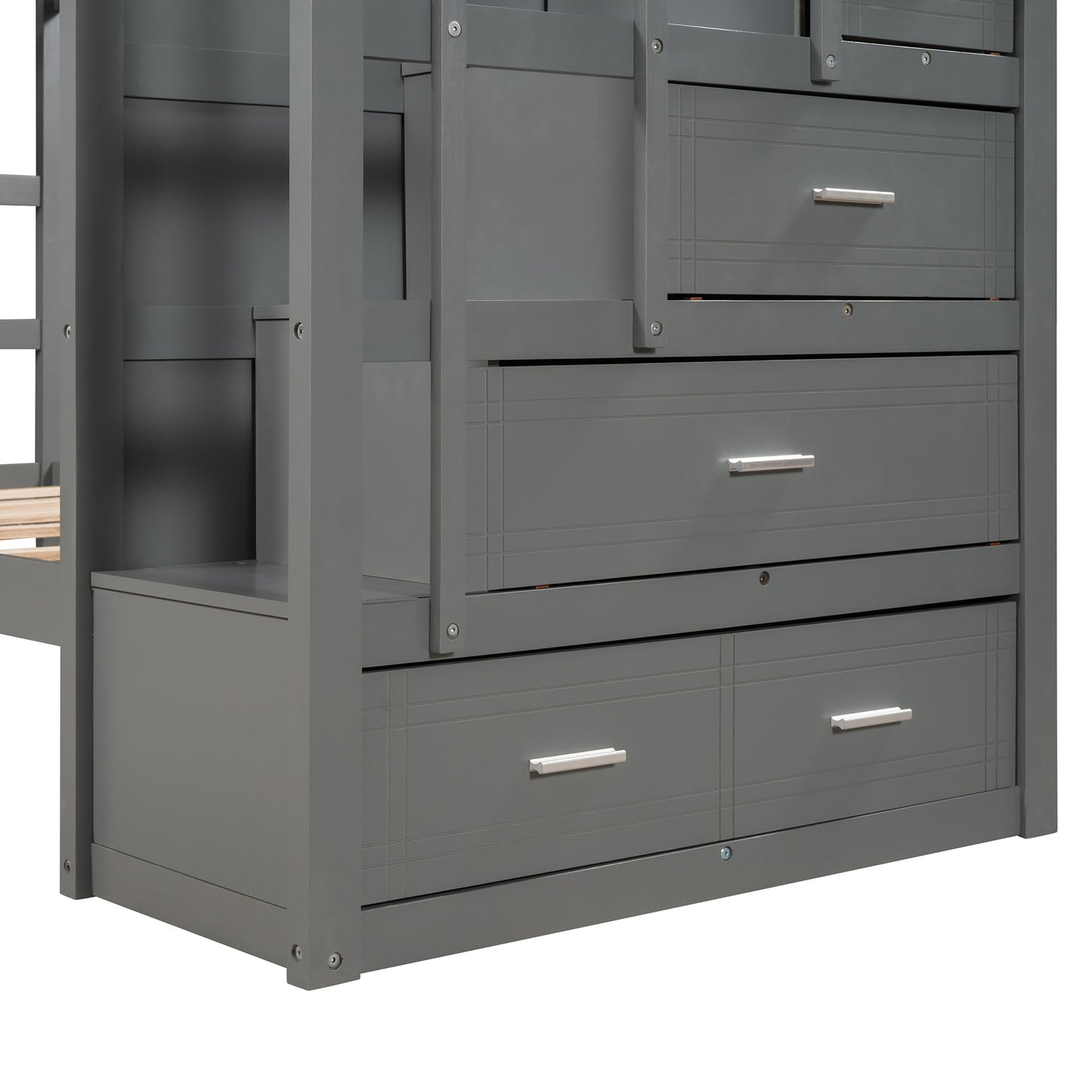 Twin Bunk Bed with Staircase, Trundle, and Storage Drawers in Natural Gray Finish