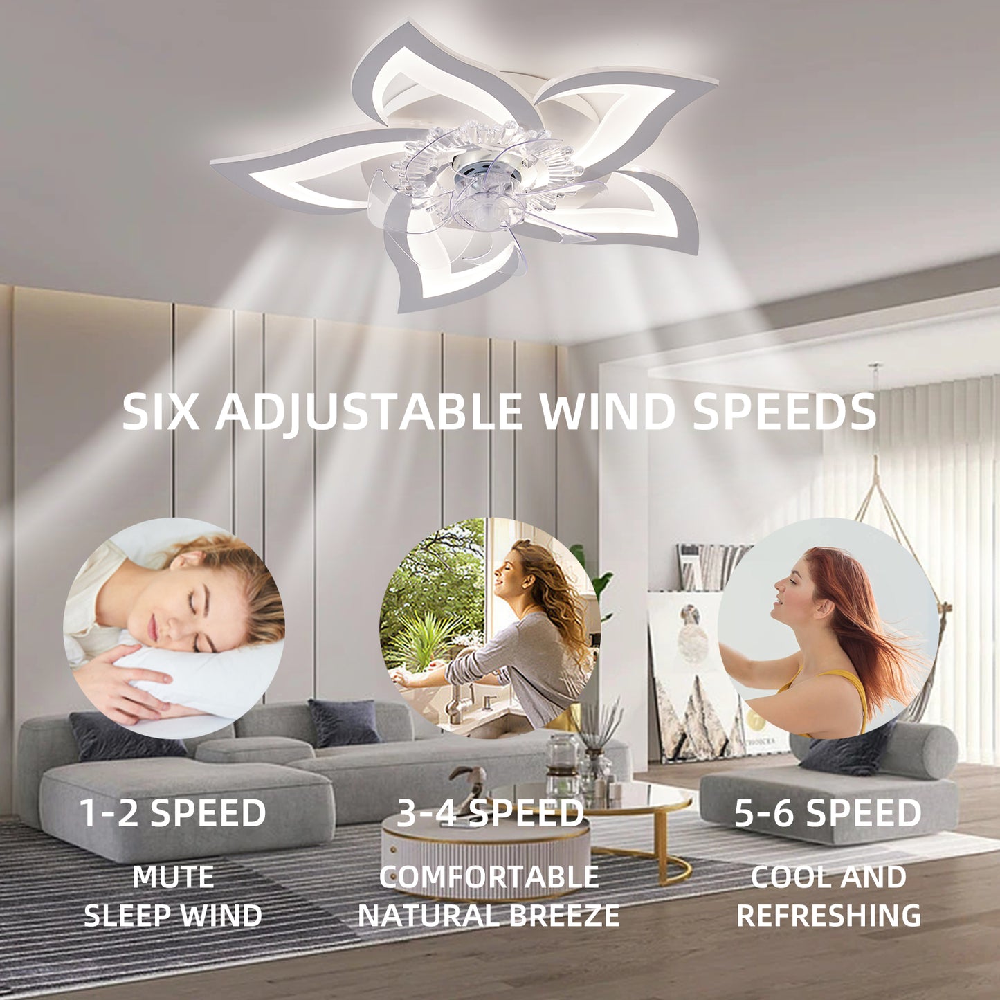 27-Inch Smart Ceiling Fan with Adjustable LED Lights and Remote Control, 6-Speed Wind Settings