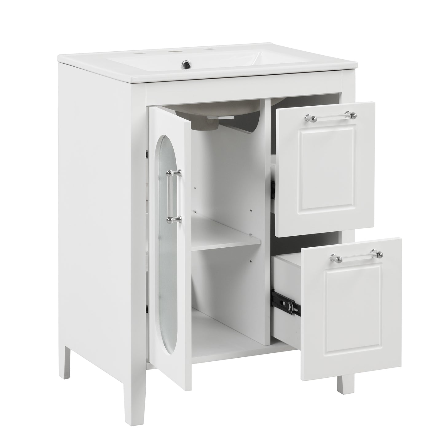 24-Inch White Bathroom Vanity Cabinet with Sink, Two Drawers, and Adjustable Shelf