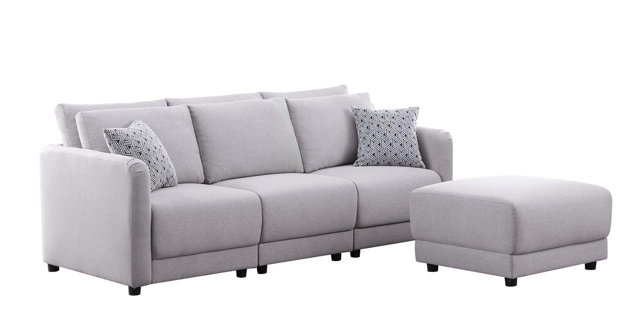 Penelope Light Gray Linen Fabric Sofa with Ottoman and Pillows