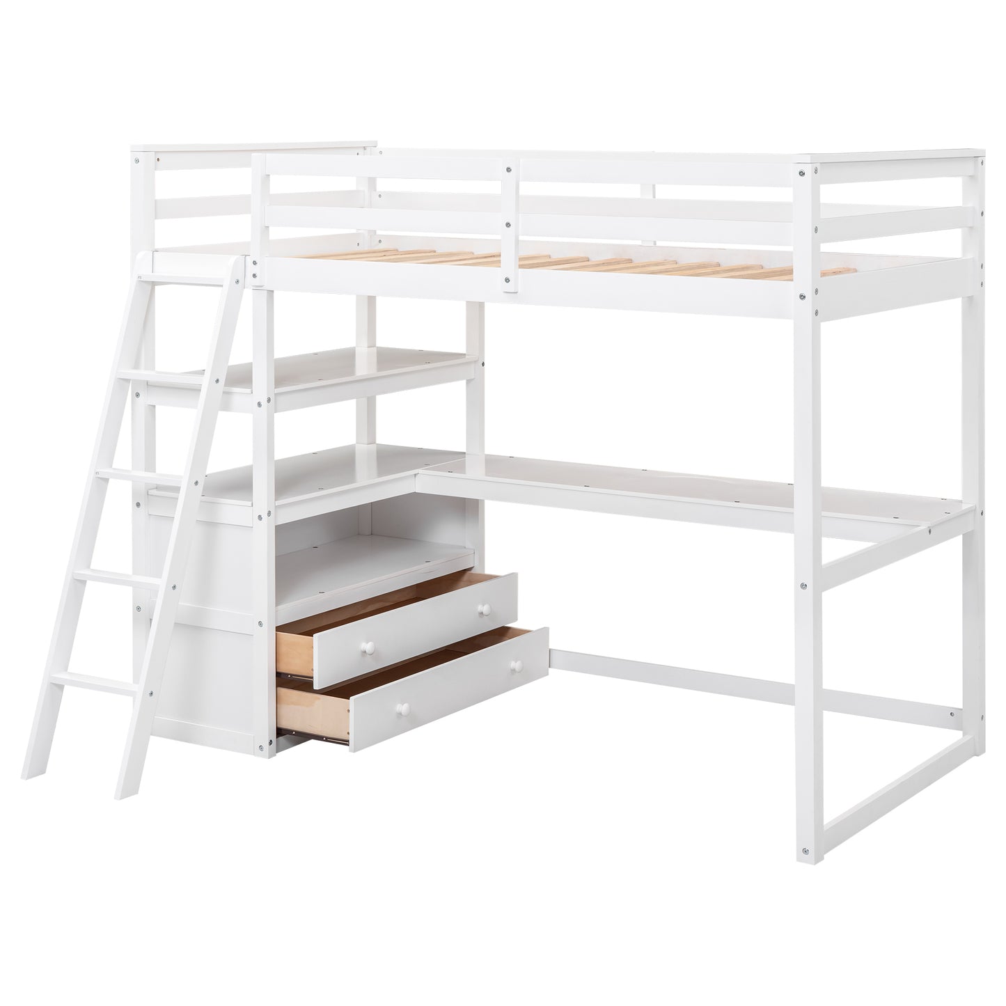 Twin Size Loft Bed with Desk and Shelves, Two Built-in Drawers, White(: GX000423AAK)