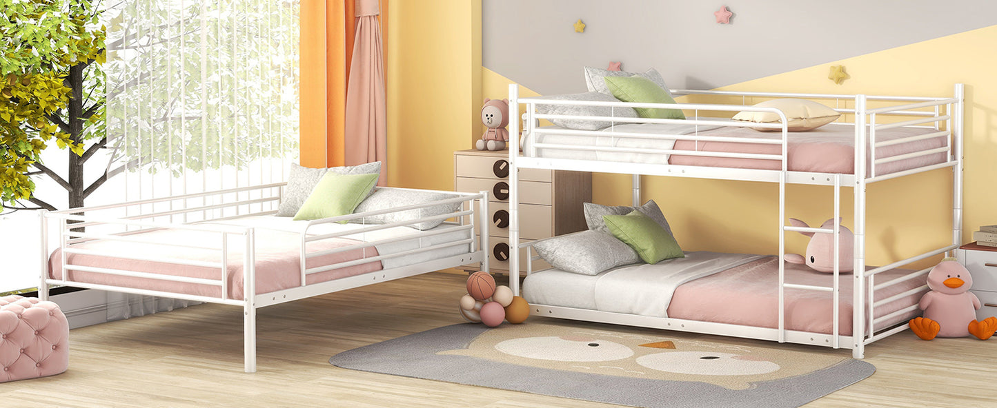 Full-Full-Full Metal  Triple Bed  with Built-in Ladder, Divided into Three Separate Beds,White