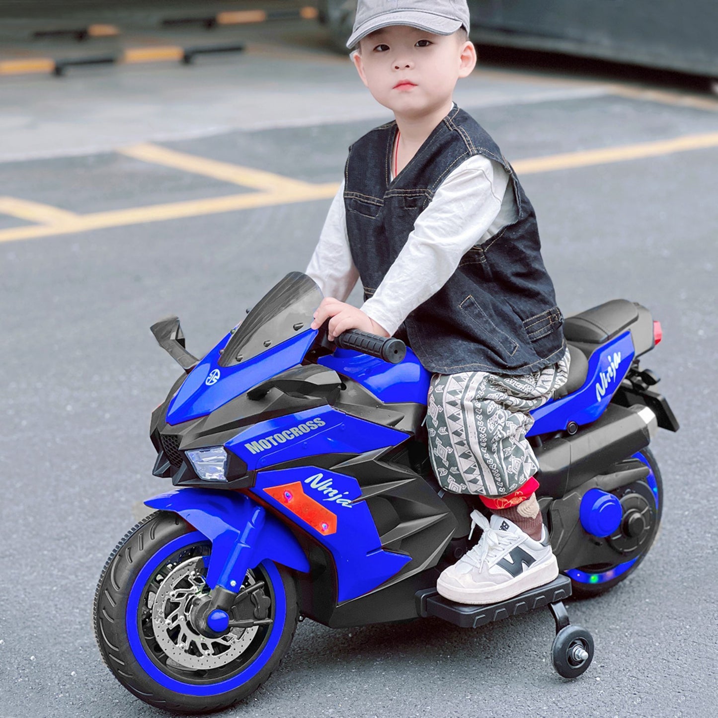 12V Blue Kids Rechargeable Electric Motorcycle with Training Wheels