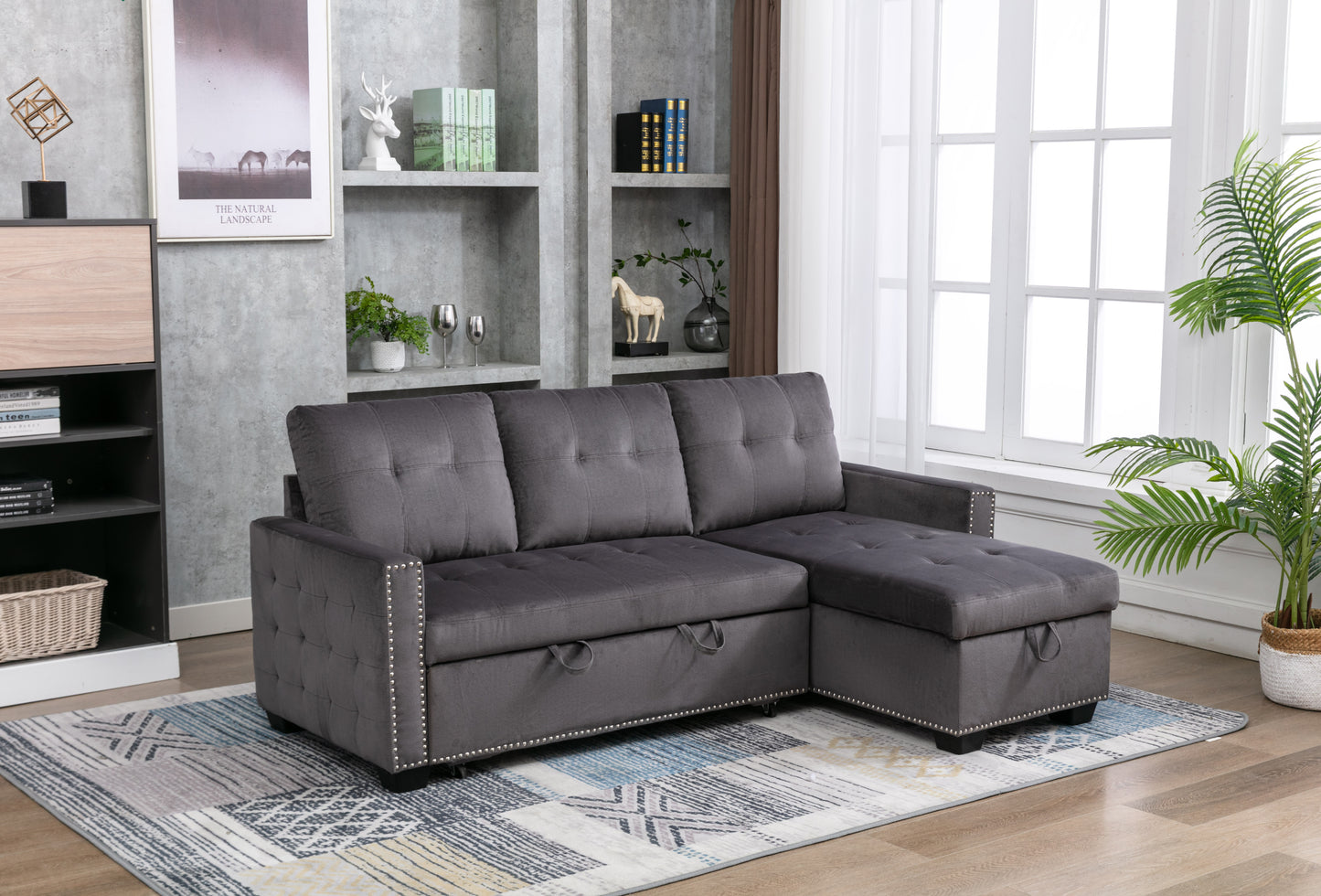 Luxurious Dark Grey Velvet L-Shape Sleeper Sectional Sofa Bed with Storage