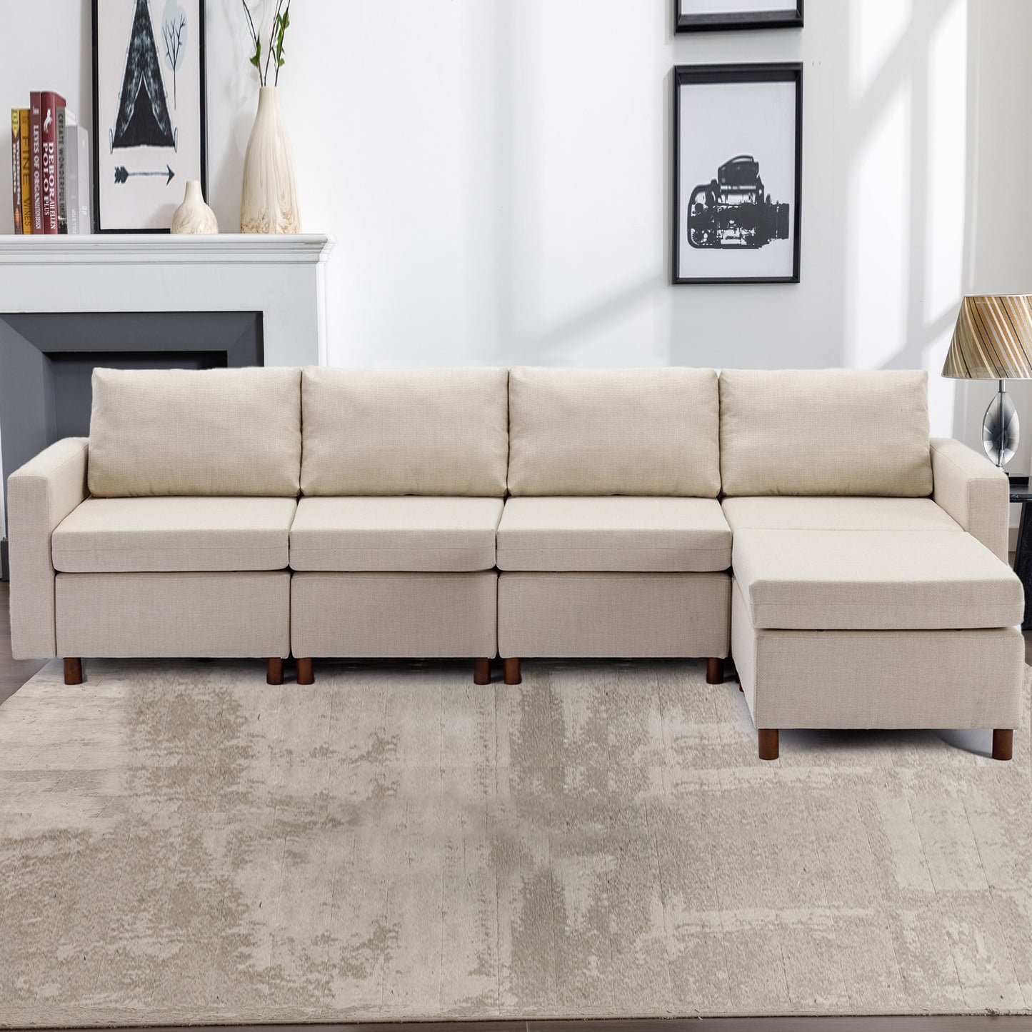 4 Seater Sectional Sofa with Ottoman, Cream Linen, Non-Removable Cushions