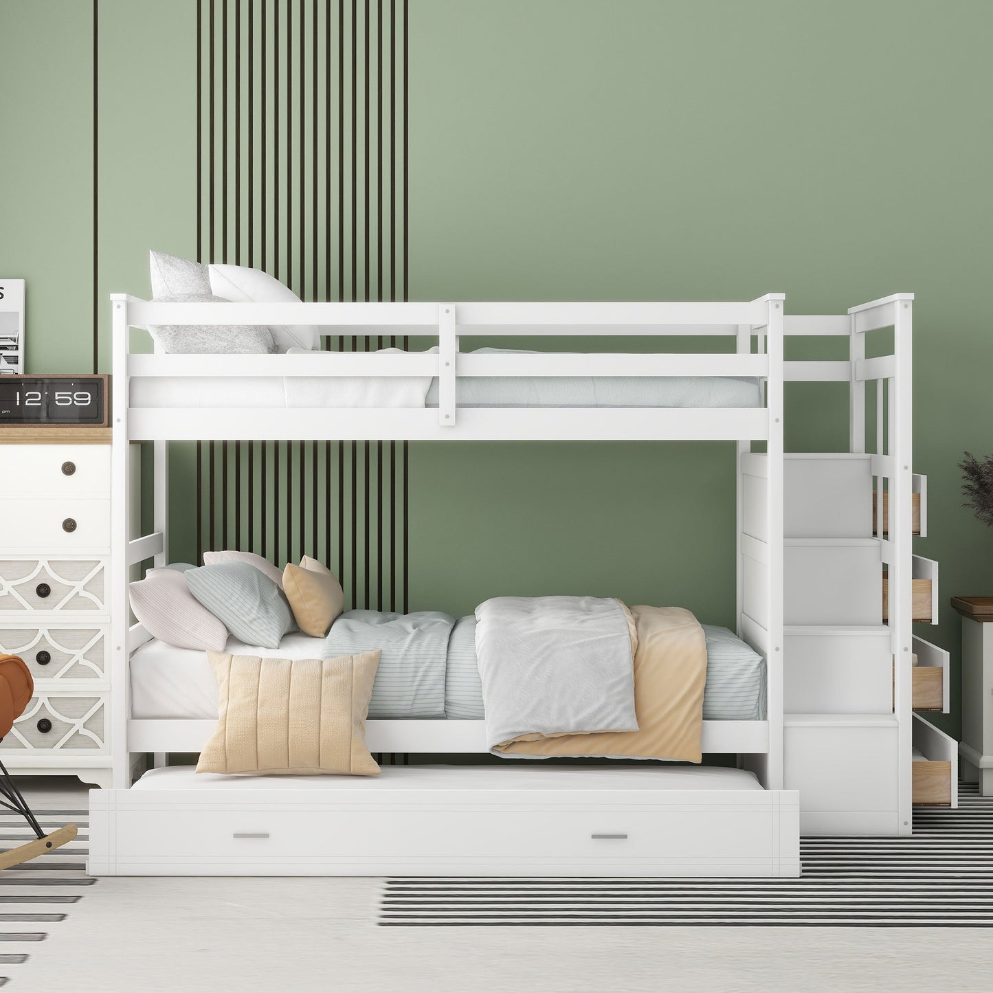 White Twin Over Twin Bunk Bed with Trundle, Staircase, and Storage Drawers