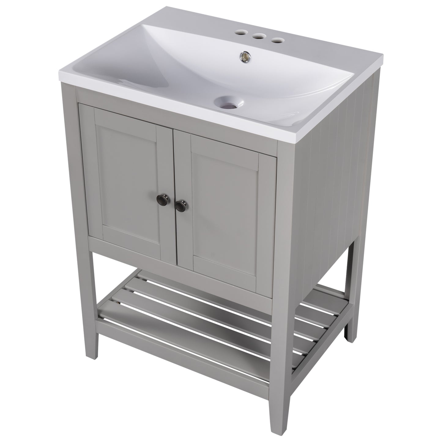 24" Grey Modern Sleek Bathroom Vanity Elegant Ceramic Sink with Solid Wood Frame Open Style Shelf