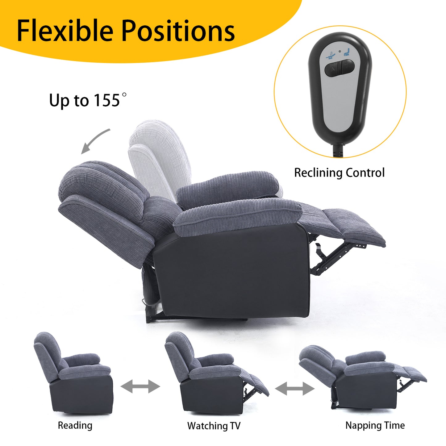 Corduroy + PU material thickened with side pockets armrests ergonomic power sofa chair with 8-point massage heating function