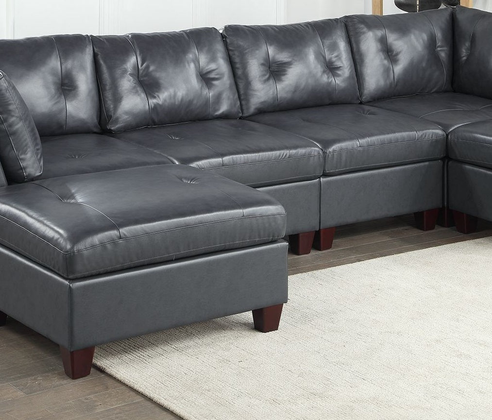 Elegant Black Genuine Leather Tufted 6pc Sectional Set with Ottoman