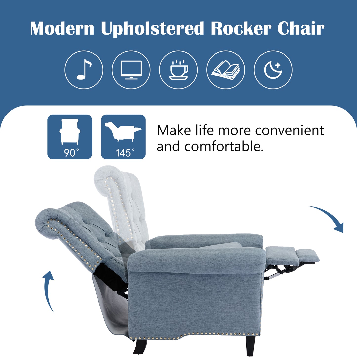 Luxurious Blue Linen Recliner with Pushback Function and Nailhead Trim