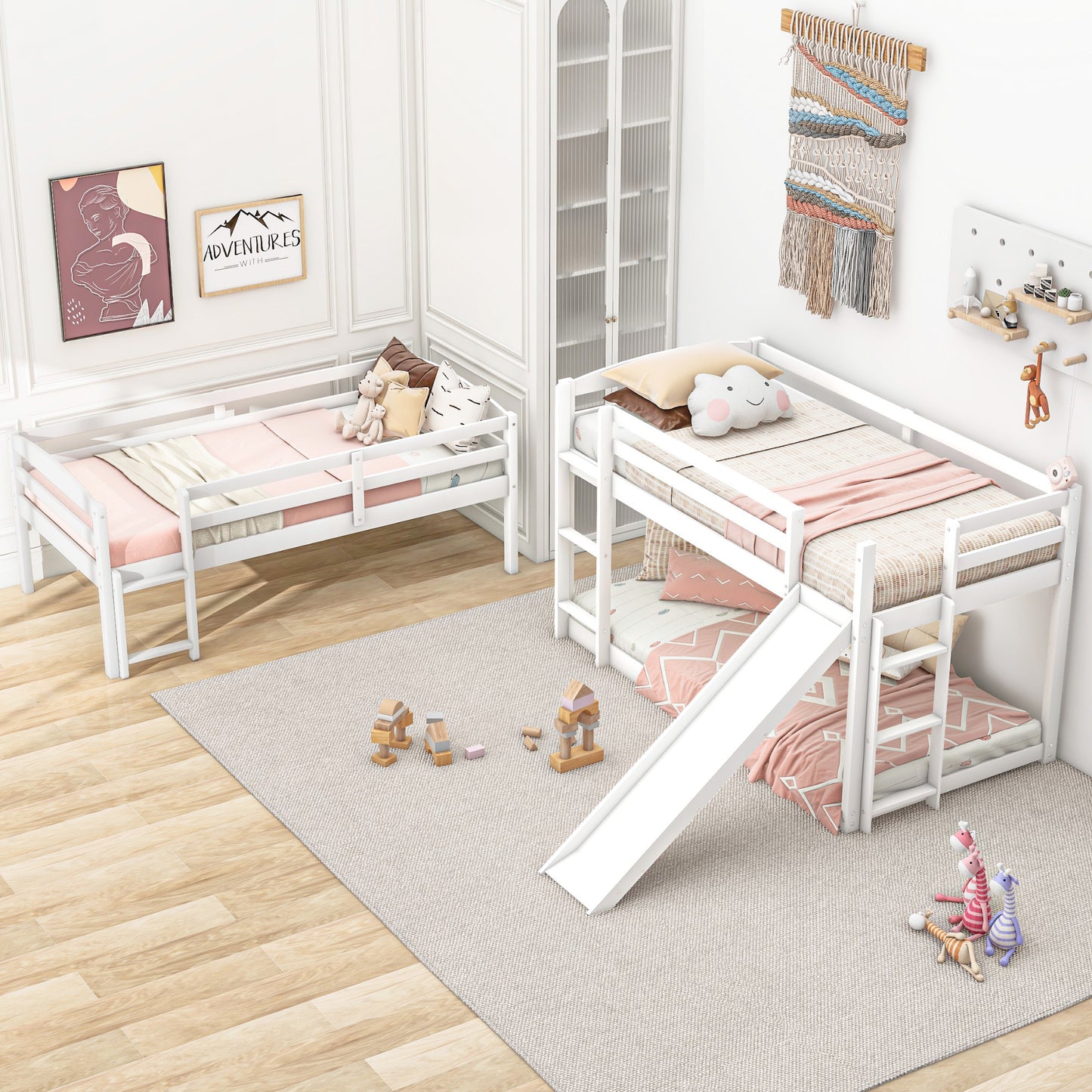 Innovative White Triple Bunk Bed with Slide, Ladder, and Vertical Space Optimization