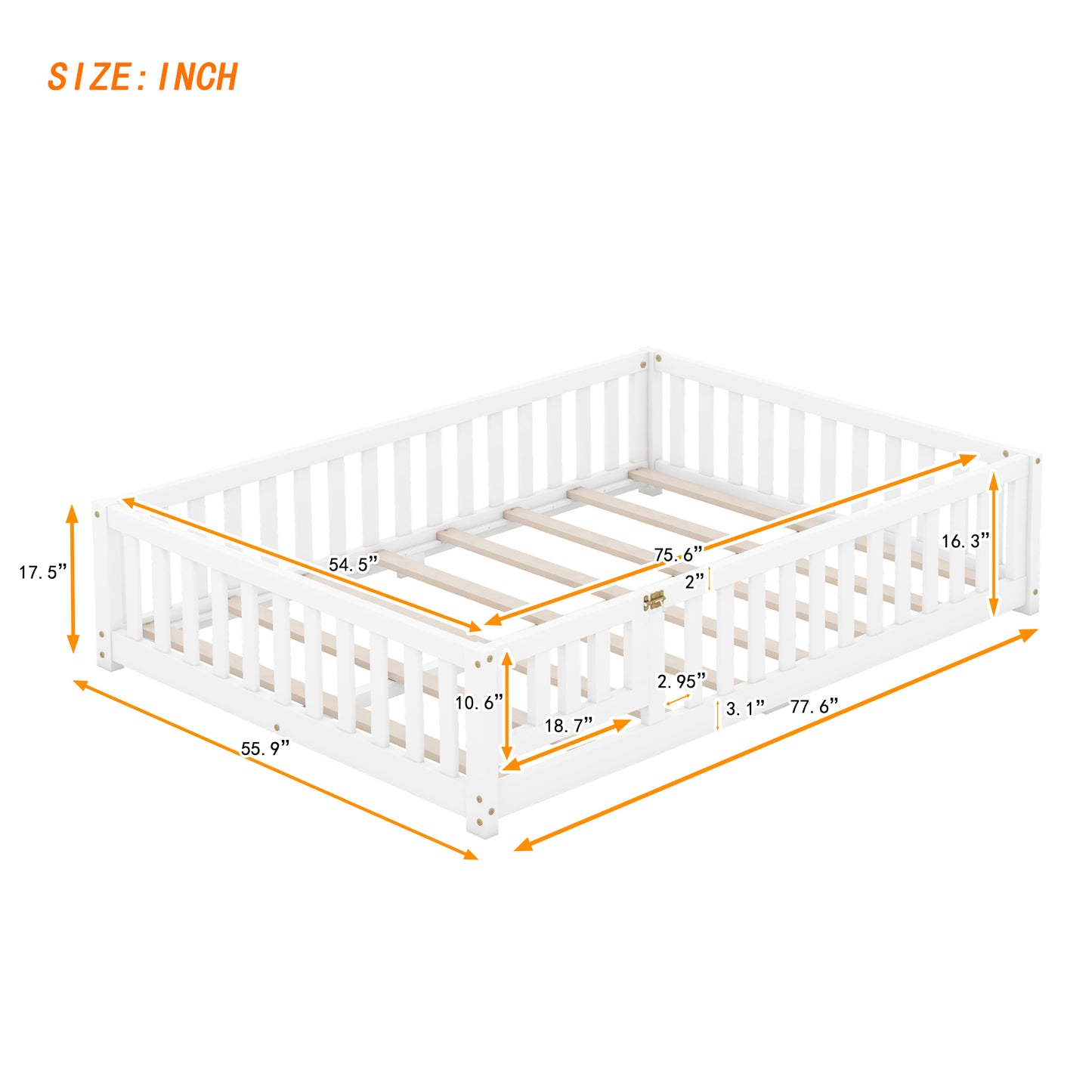 Full Size Bed Floor Bed with Safety Guardrails and Door for Kids, White