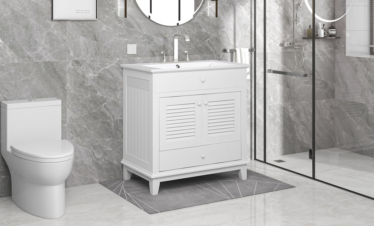 30" Bathroom Vanity with Sink, Bathroom Cabinet with Two Doors and One Drawer, White