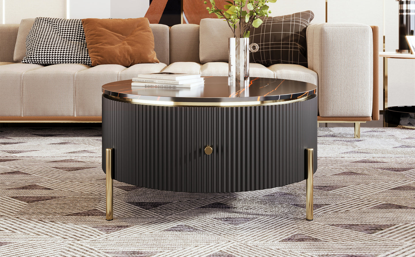 Contemporary Round Coffee Table with 2 Spacious Drawers and Marble Patterned Top