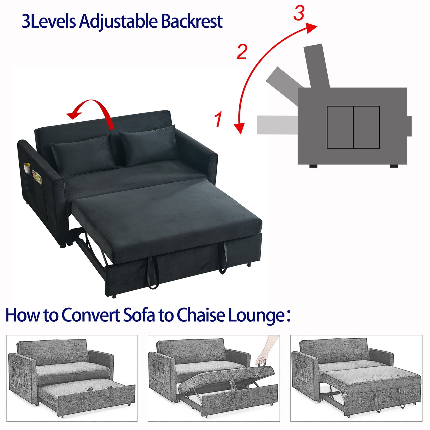 Convertible Sofa Bed, 3-in-1 Versatile Velvet Double Sofa with Pullout Bed, Seat with Adjustable Backrest, Lumbar Pillows, and Living Room Side Pockets, 54 Inch, Black