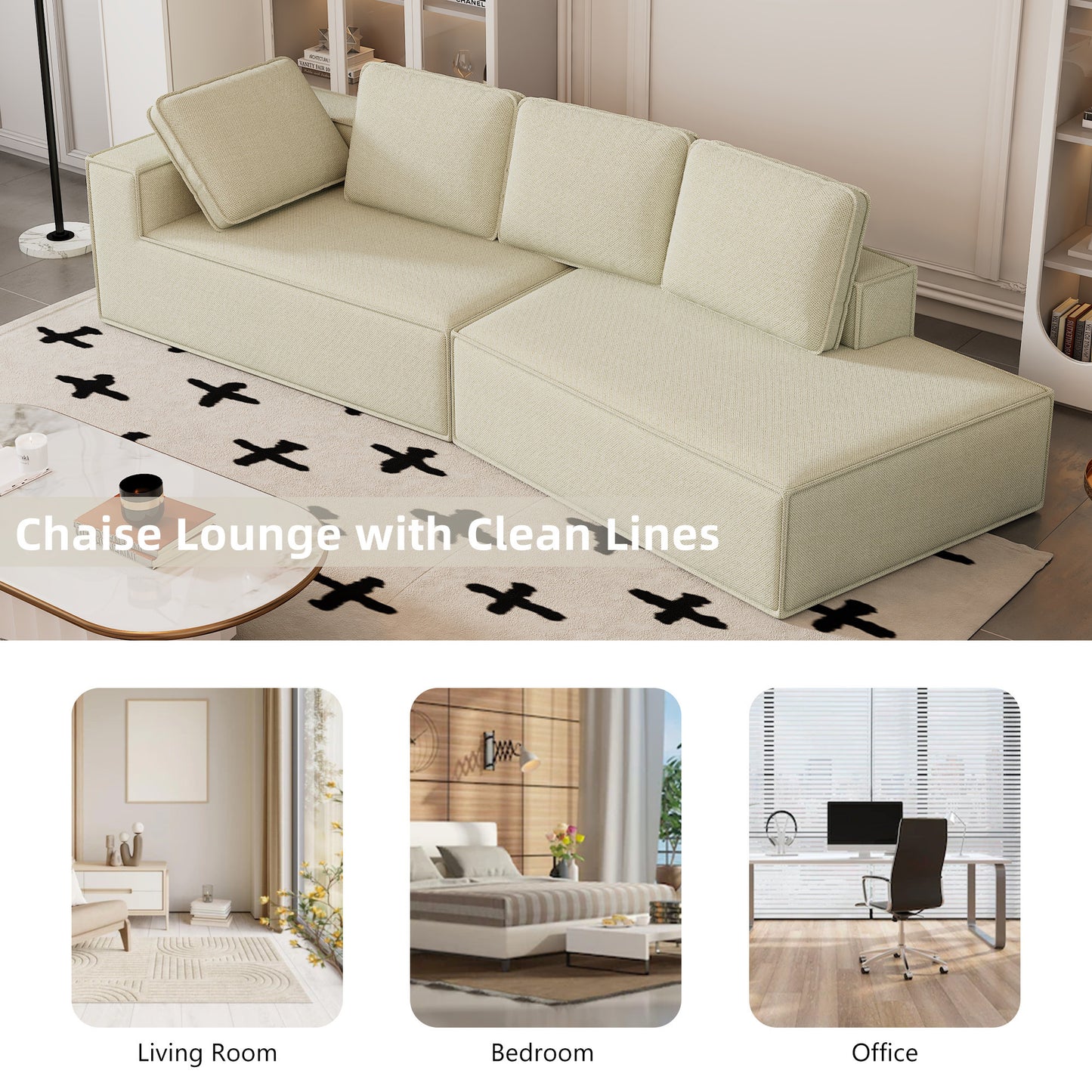 Stylish Beige Chaise Lounge Sofa with High-Density Foam and Chenille Fabric