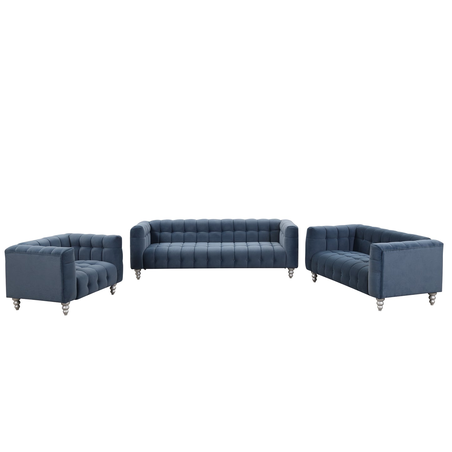 Modern 3-piece sofa set with solid wood legs, buttoned tufted backrest, Dutch fleece upholstered sofa set including three-seater sofa, double seat and living room furniture set single chair, blue