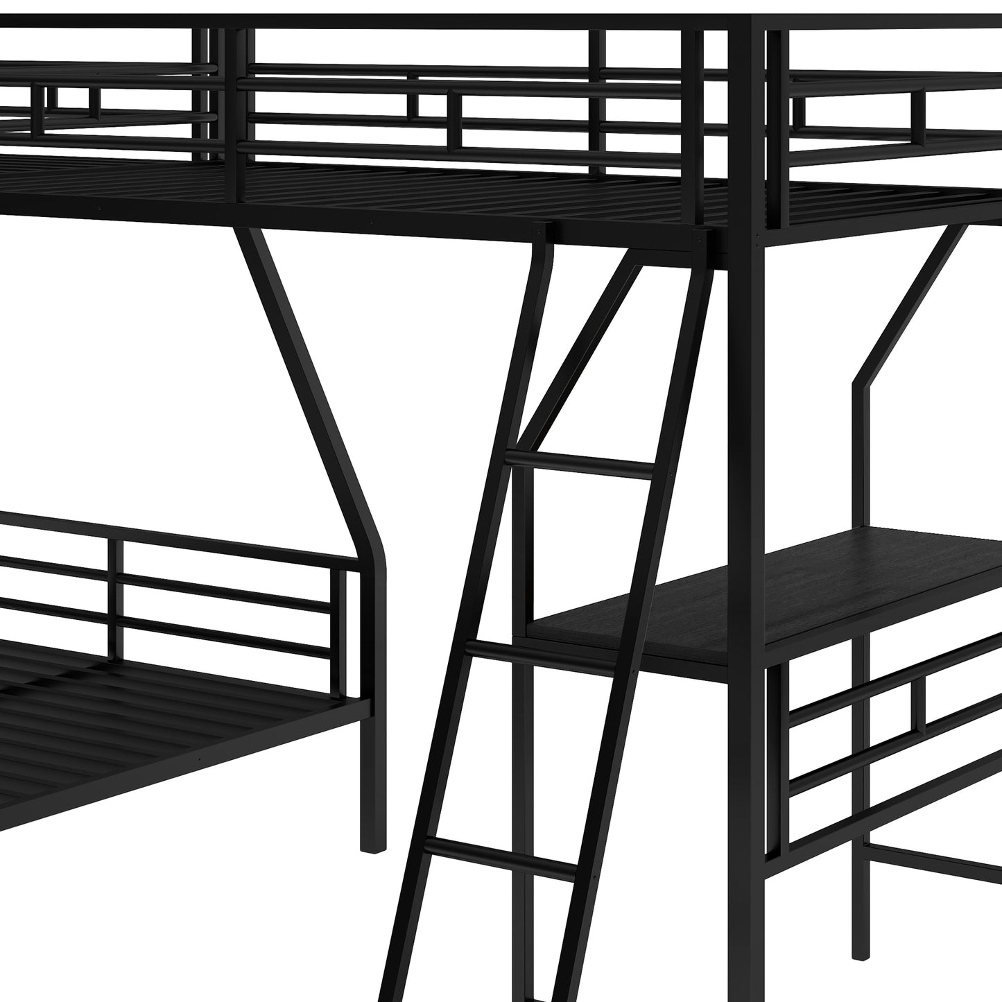 Innovative Space-Saving Twin over Full Bunk Bed with Loft Bed, Desk & Metal Frame, Black