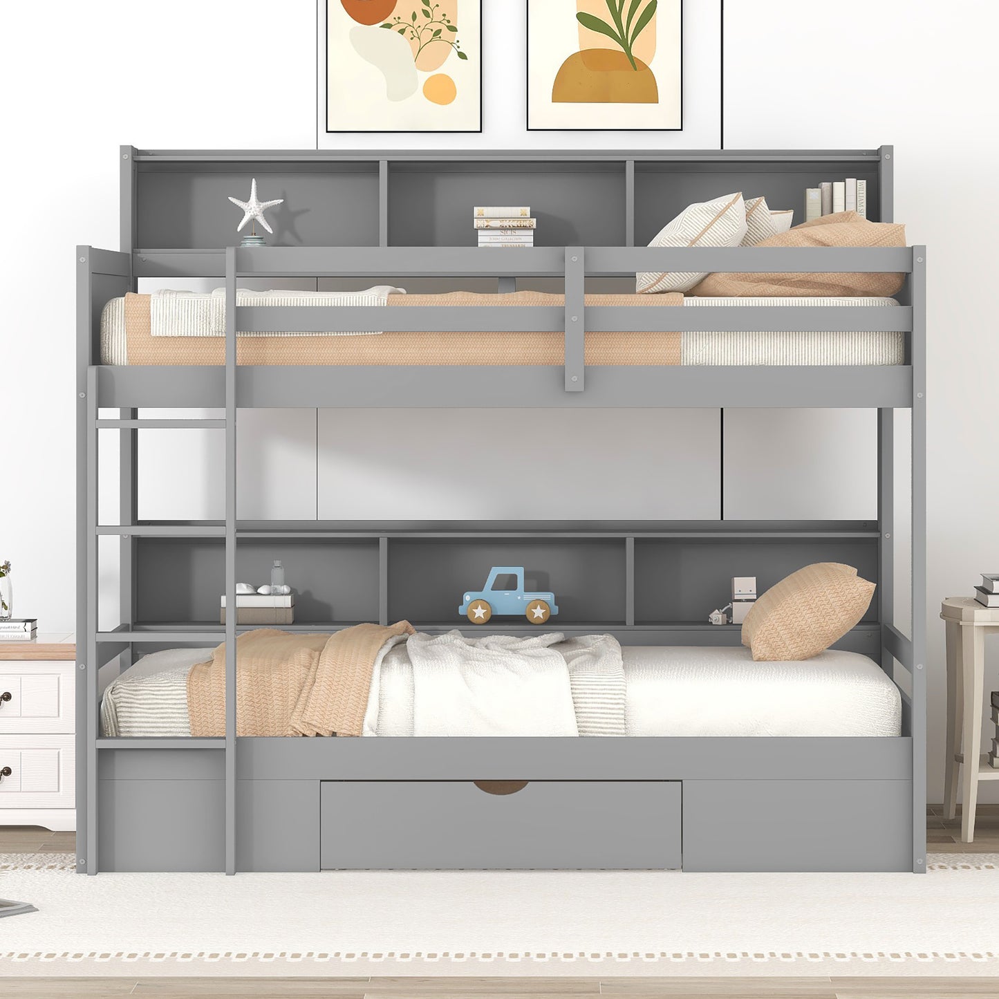 Twin Size Gray Bunk Bed with Storage Drawer and Built-in Shelves