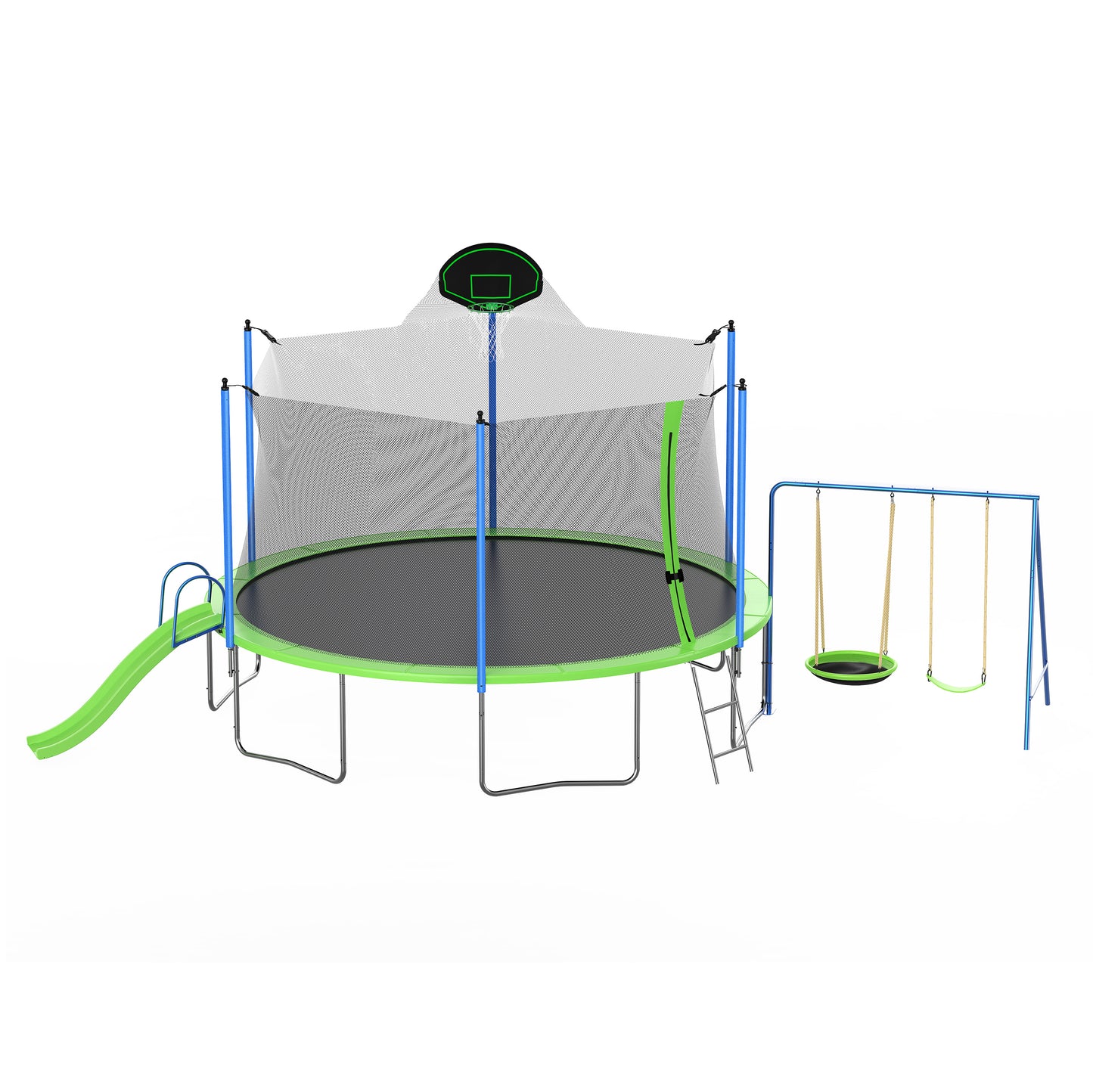 14FT Trampoline with Slide and Swings, ASTM Approved Large Recreational Trampoline with Basketball Hoop and Ladder,Outdoor Backyard Trampoline with Net, Capacity for Kids and Adults