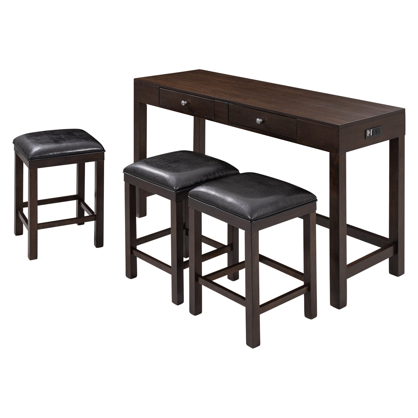 4-Piece Counter Height Table Set with Socket and Leather Padded Stools, Espresso