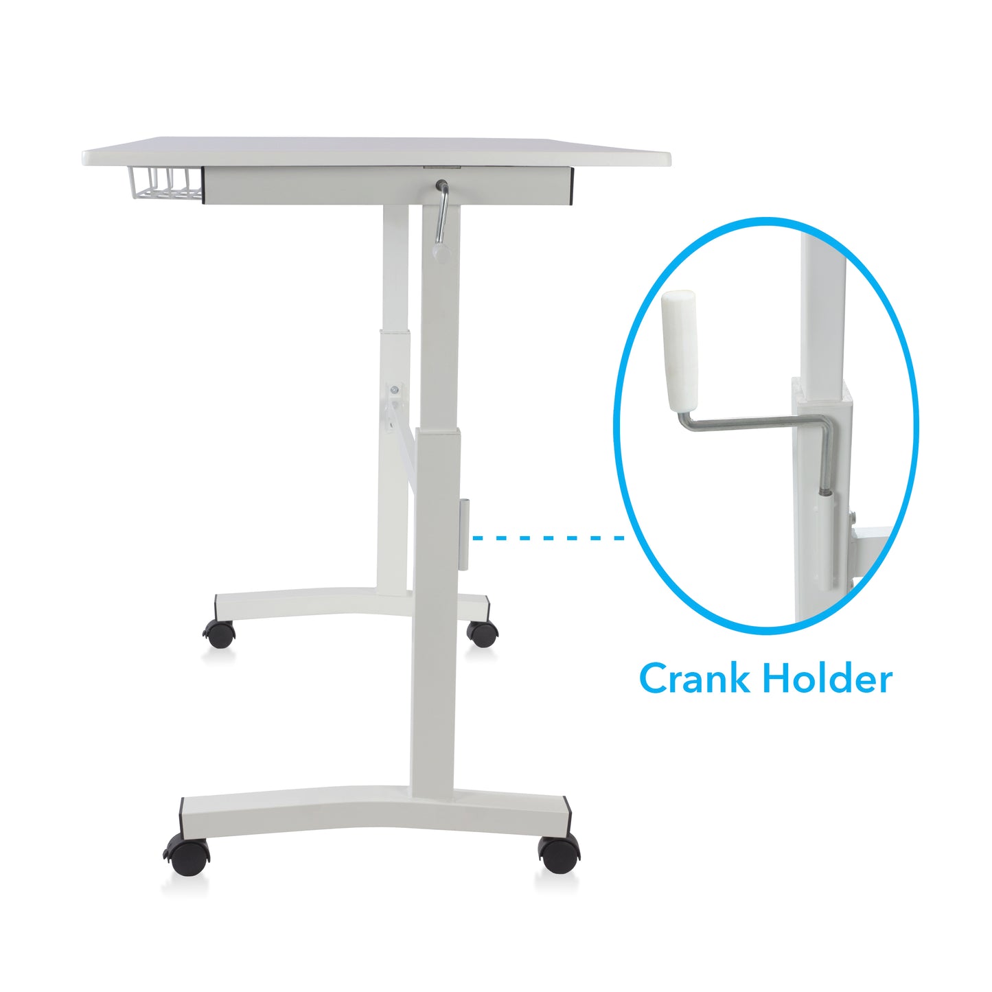 Atlantic White Adjustable Desk with Casters and Side Crank