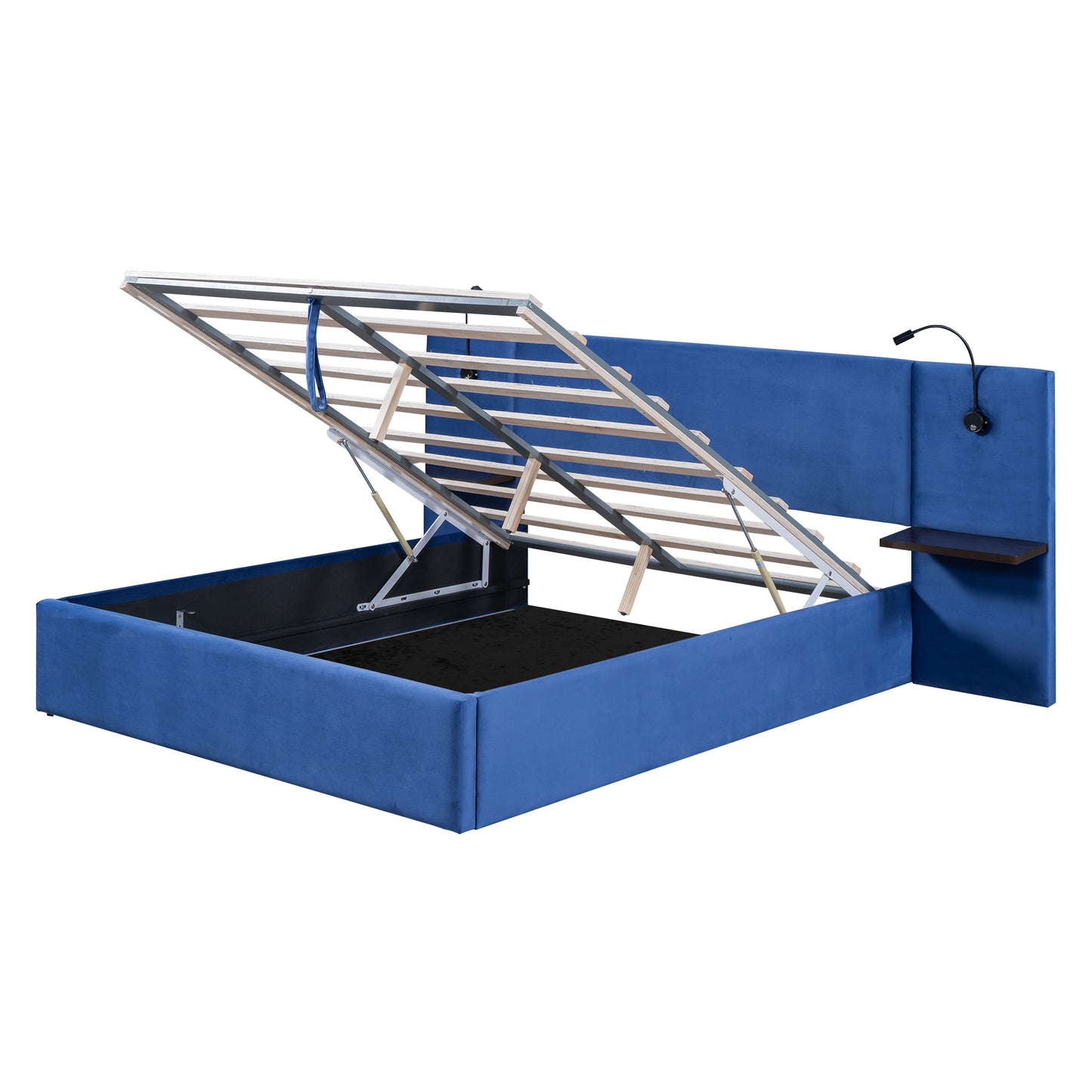 Queen Size Storage Upholstered Hydraulic Platform Bed with 2 Shelves, 2 Lights and USB, Blue