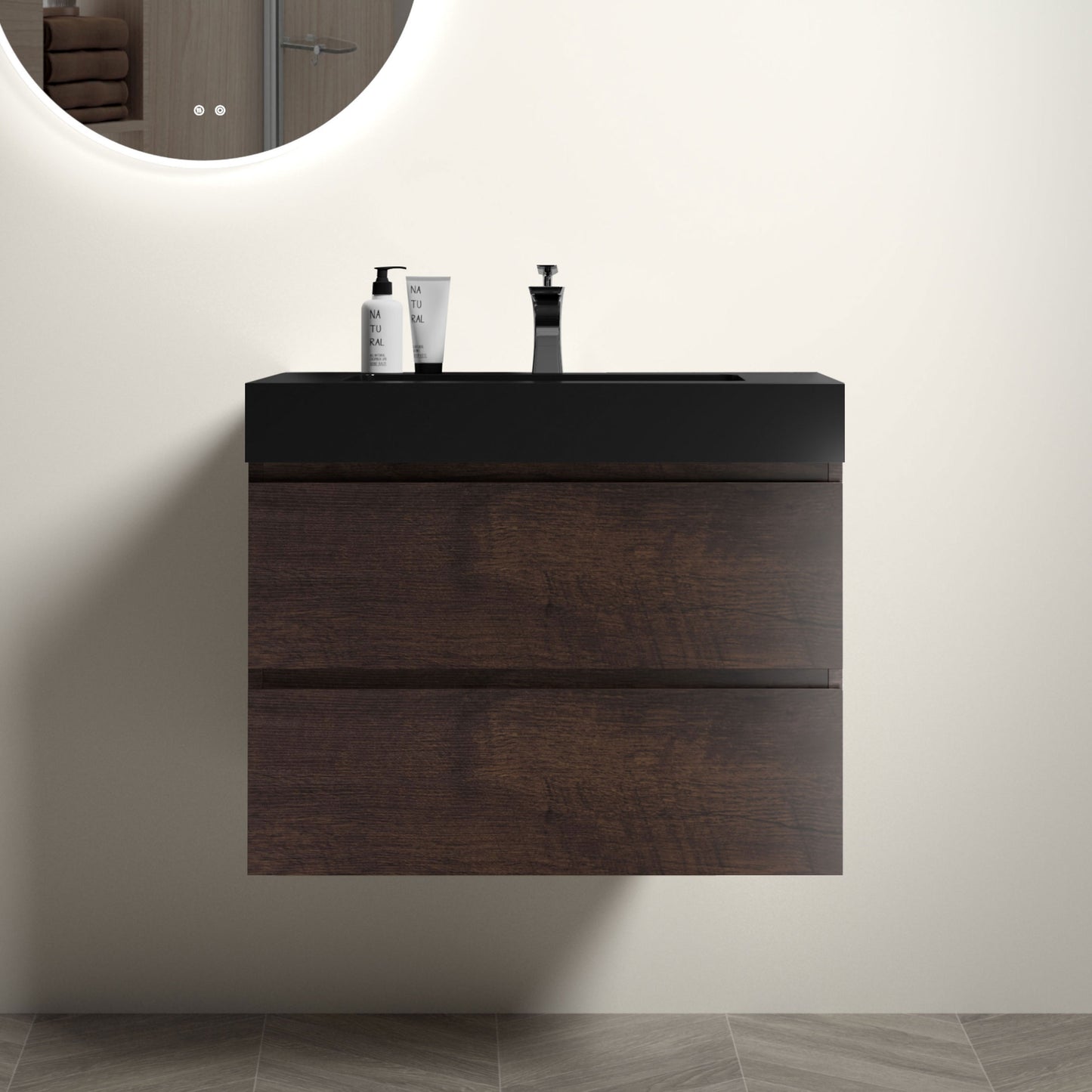 Alice-30W-105,Wall mount cabinet WITHOUT basin,Walnut color,With two drawers