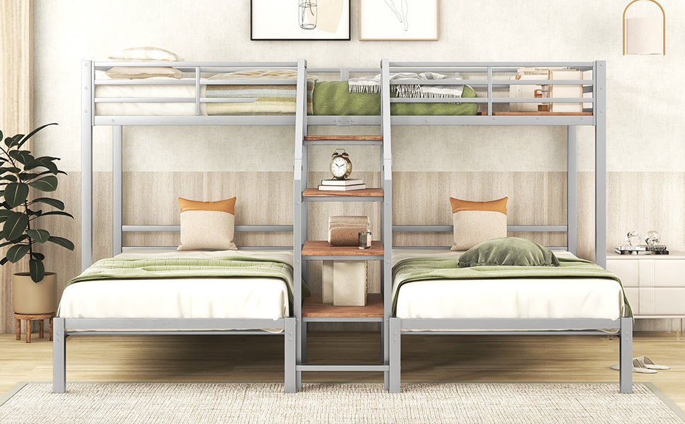 Three-Tiered Metal Bunk Bed with Storage and Staircase, Silver Twin over Twin