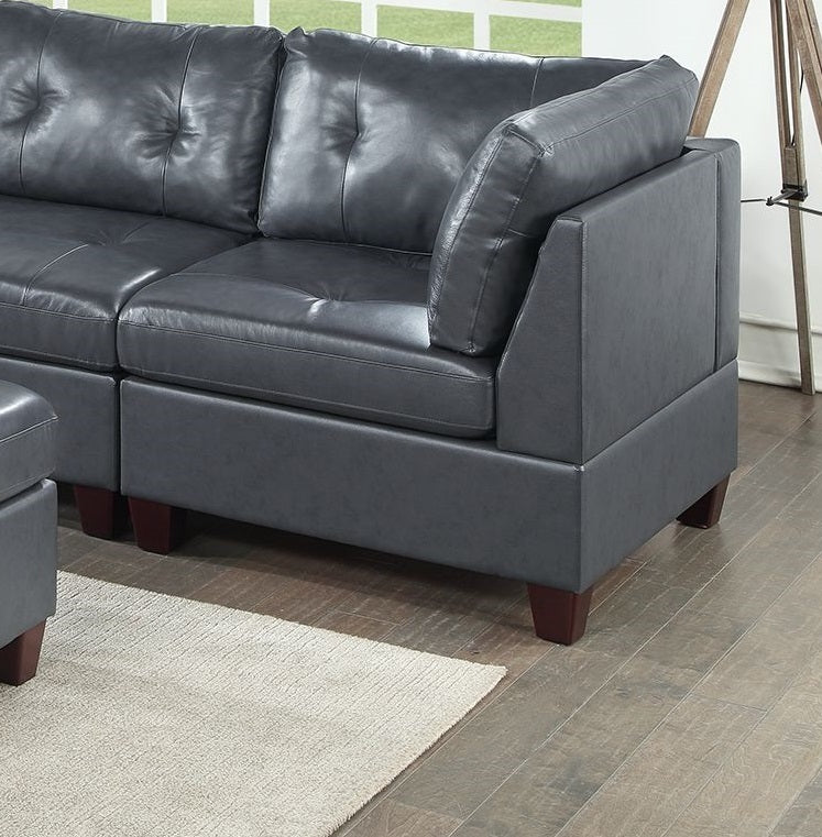 Contemporary Black Genuine Leather Modular Sectional Set with Tufted Detail