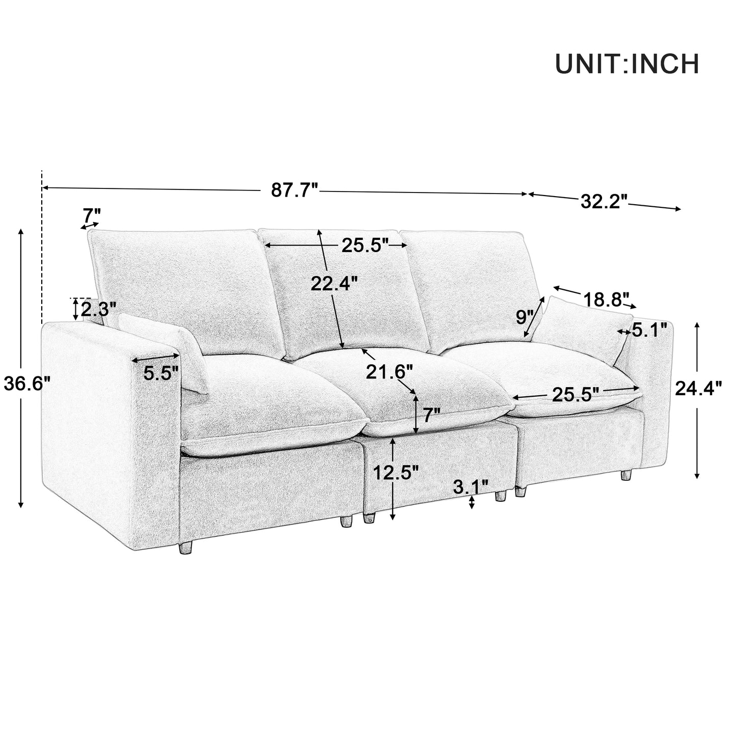 U_STYLE 3 Seat Sofa with Removable Back and Seat Cushions and 2 pillows,Teddy Fabric Couch for Living Room, Office, Apartment