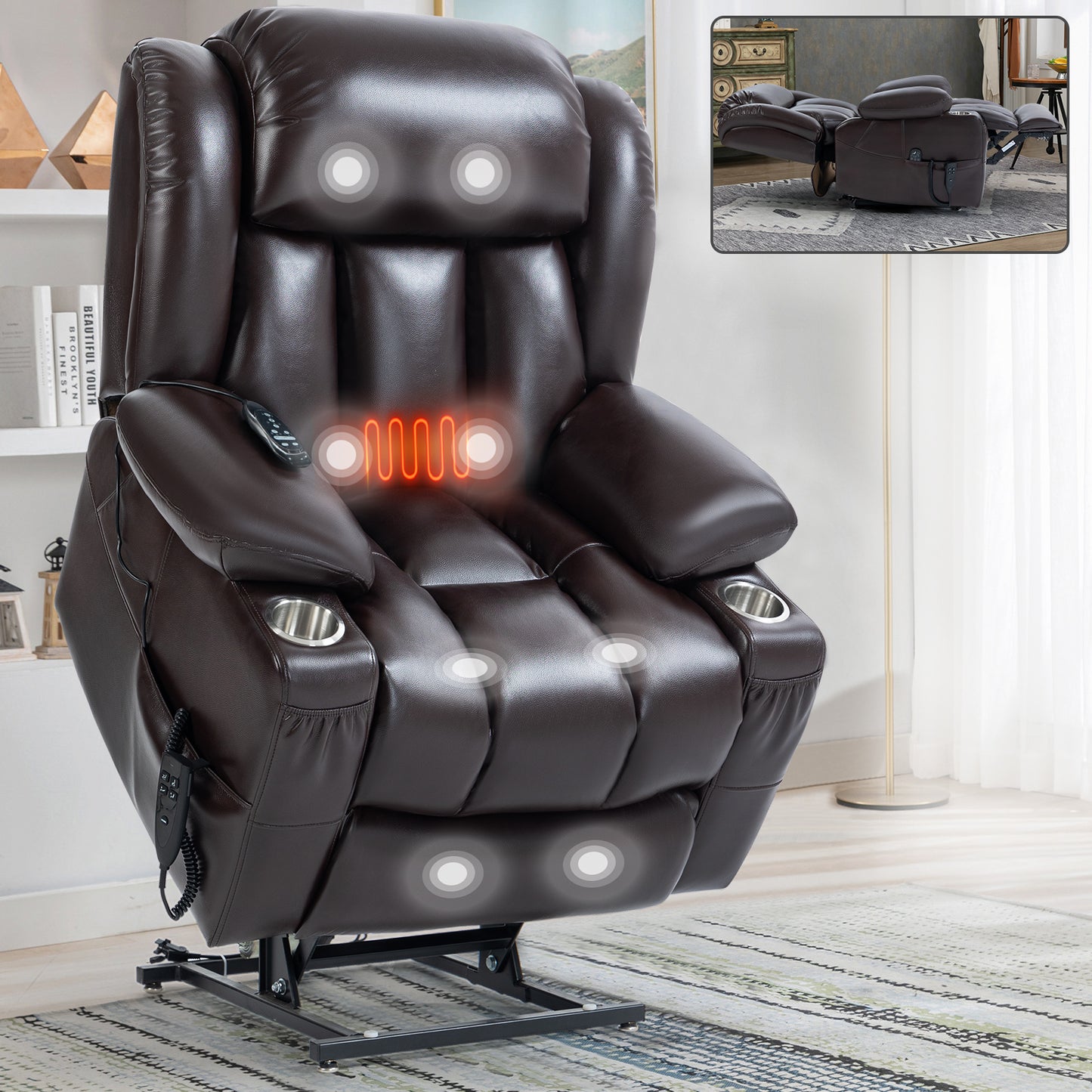 Brown Leatheraire Power Lift Recliner Chair with Dual Motor & Massage Functions