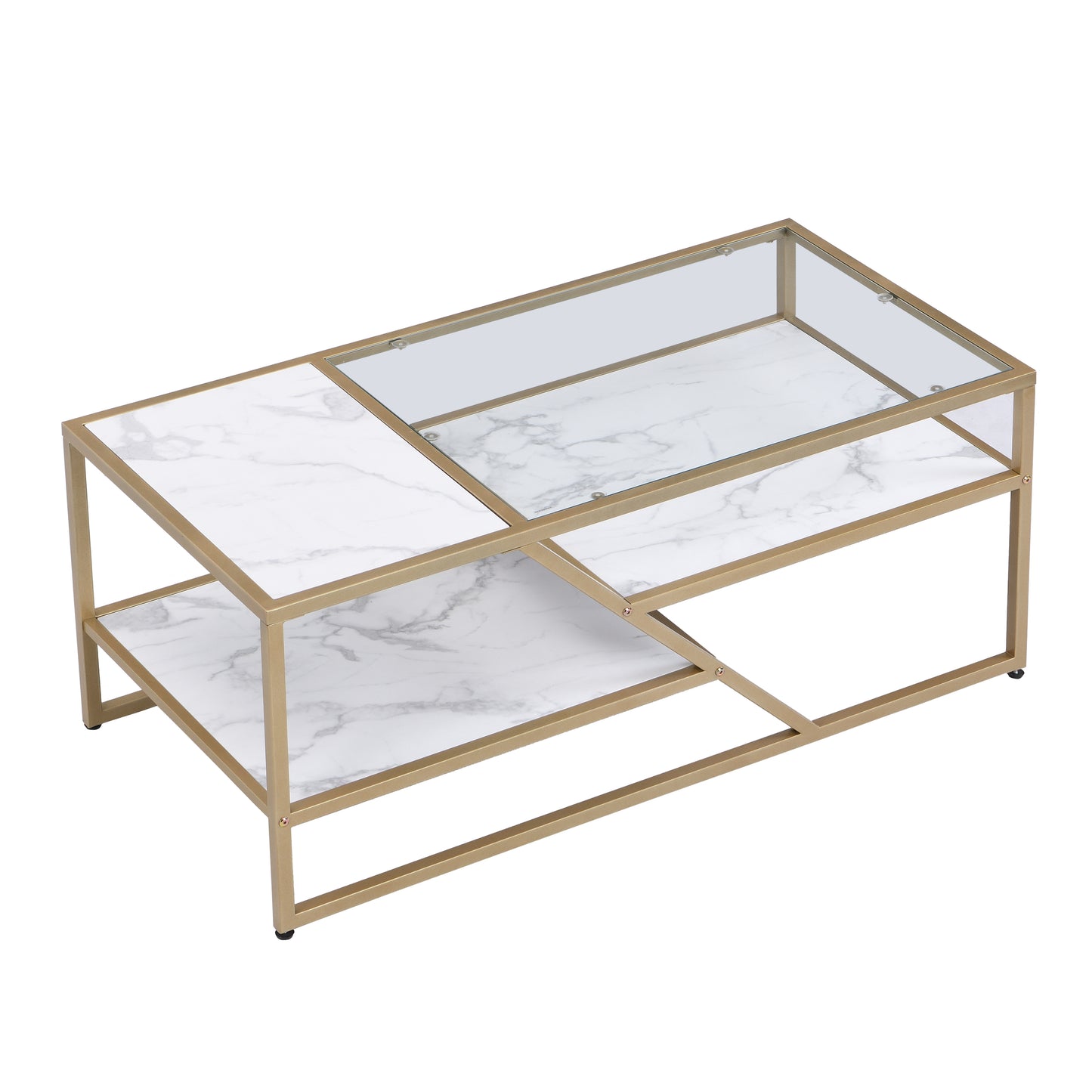 Golden Glass and Metal Coffee Table with Storage Shelf for Living Room or Bedroom