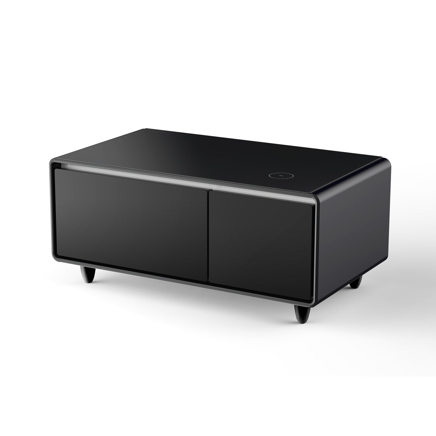 Black Smart Coffee Table with Refrigerated Storage, Wireless Charging, and Power Outlets