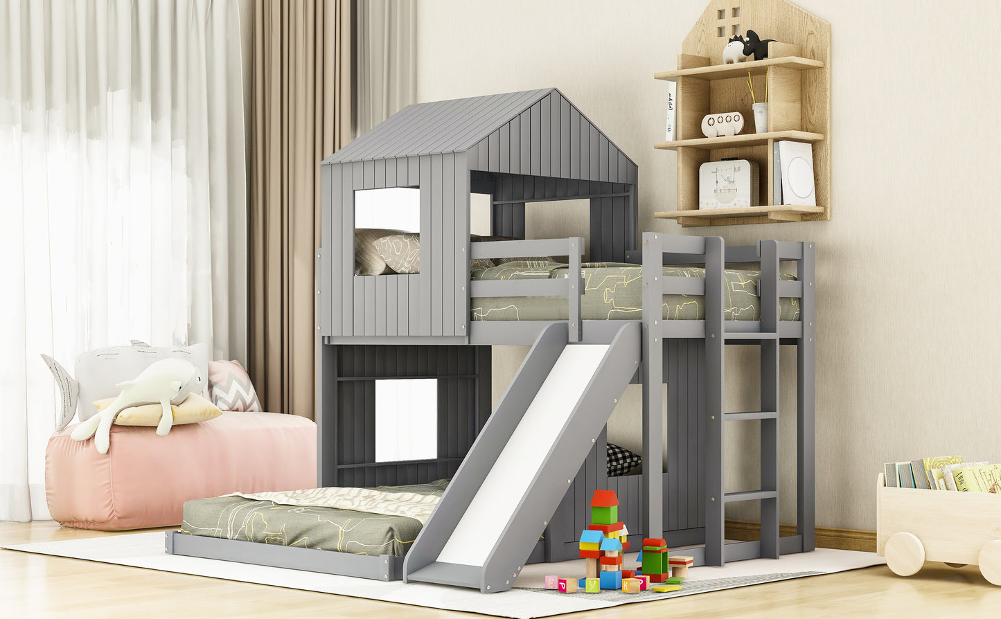 Playhouse Twin Over Full Bunk Bed with Ladder, Slide & Guardrails - Gray Wood, LT000028AAN