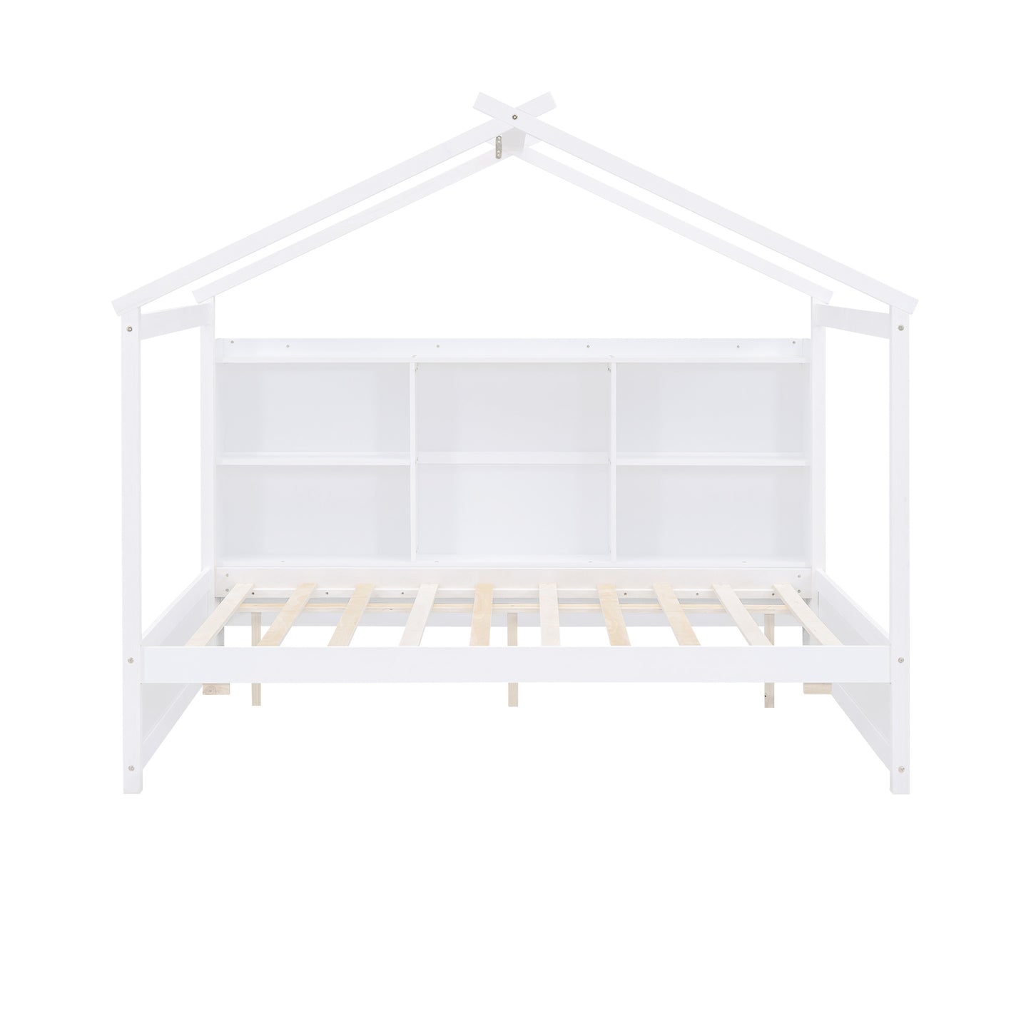 Full Size House Bed with Storage Shelves and Twin Size Trundle, Brushed White