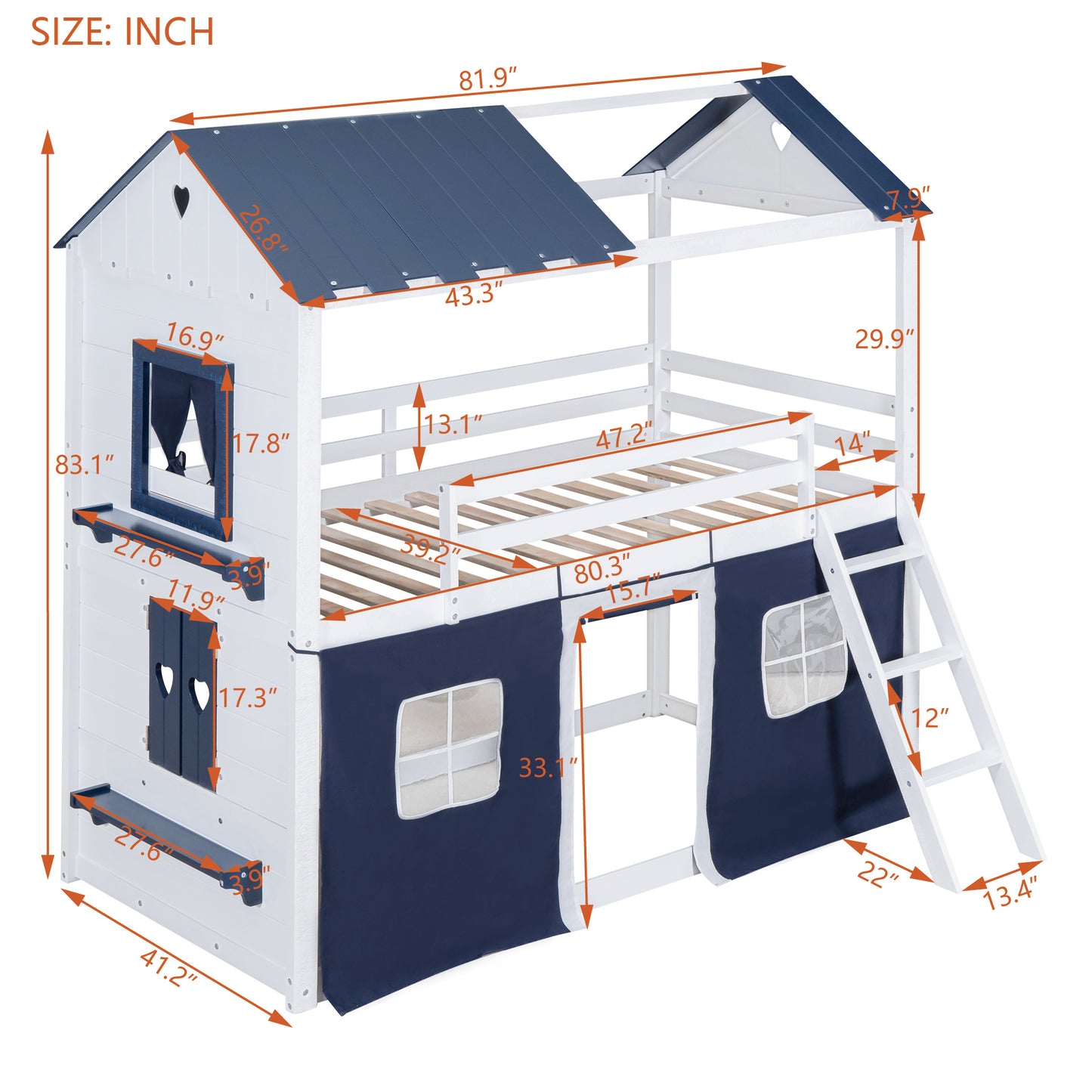 Twin Size Bunk Wood House Bed with Elegant Windows, Sills and Tent,  Blue+White