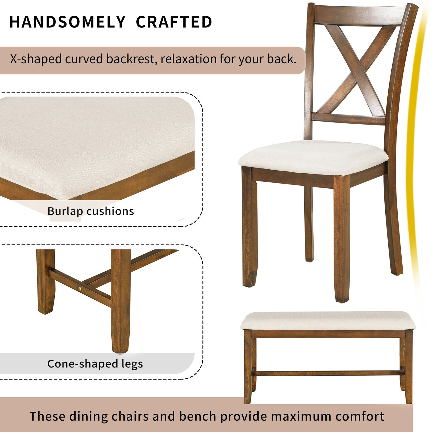 TREXM 6-Piece Kitchen Dining Table Set Wooden Rectangular Dining Table, 4 Fabric Chairs and Bench Family Furniture (Natural Cherry)