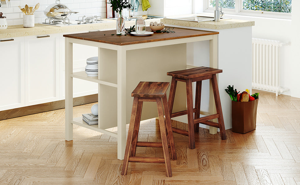 Solid Wood Rustic 3-piece 45" Stationary Kitchen Island Set with 2 Seatings, Rubber Wood Butcher Block Dining Table Set Prep Table Set with 2 Open Shelves for Small Places,Walnut+Cream White